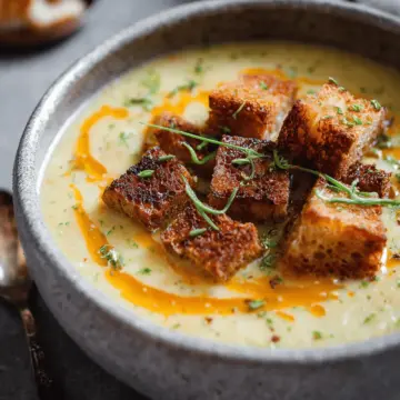 Roasted Garlic Potato Soup with Grilled Cheese Croutons