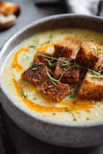 Roasted Garlic Potato Soup with Grilled Cheese Croutons
