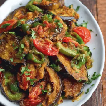 Vegan Fried Eggplant Recipe with Green Peppers and Tomatoes