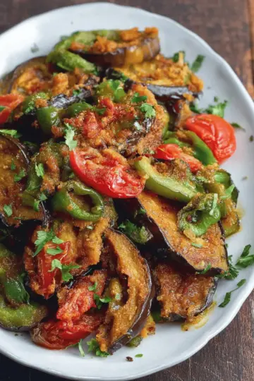 Vegan Fried Eggplant Recipe with Green Peppers and Tomatoes