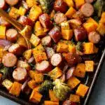 Sheet Pan Sausage and Sweet Potatoes with Honey Garlic Sauce