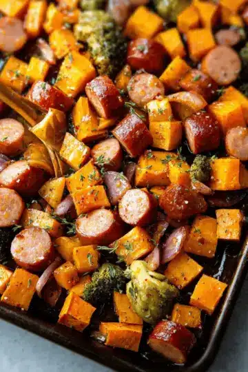 Sheet Pan Sausage and Sweet Potatoes with Honey Garlic Sauce