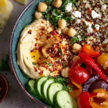 Mediterranean Bowl with Quinoa, Hummus, and Harissa