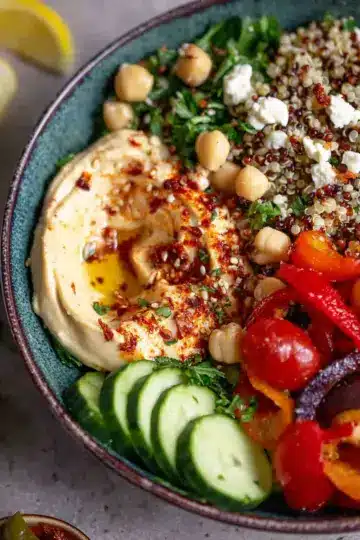 Mediterranean Bowl with Quinoa, Hummus, and Harissa
