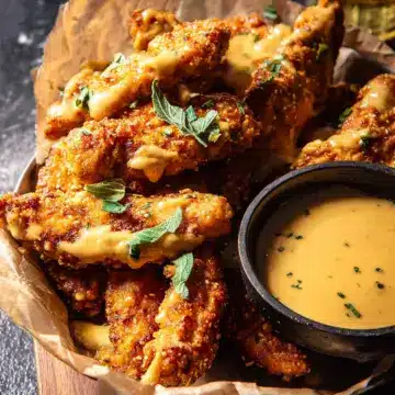 Pretzel Chicken Fingers with Spicy Honey Mustard Sauce.