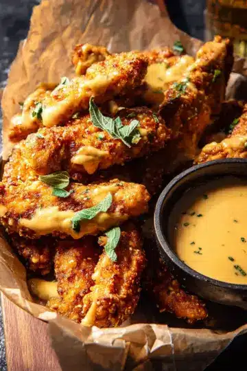Pretzel Chicken Fingers with Spicy Honey Mustard Sauce.