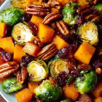 Roasted Brussels Sprouts and Cinnamon Butternut Squash with Pecans and Cranberries