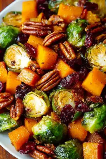 Roasted Brussels Sprouts and Cinnamon Butternut Squash with Pecans and Cranberries