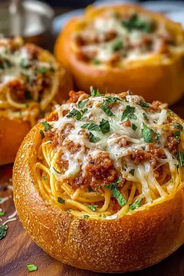 Spaghetti Garlic Bread Bowls