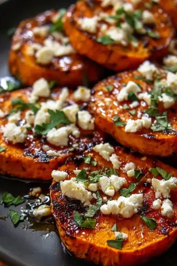 Crispy Roasted Sweet Potato Rounds with Honey and Feta