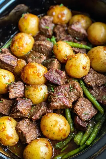 Slow Cooker Garlic Butter Beef Bites and Potatoes