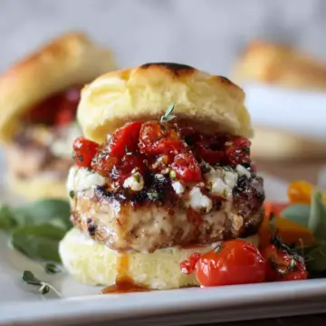 Cheesy Bruschetta Chicken Burgers.